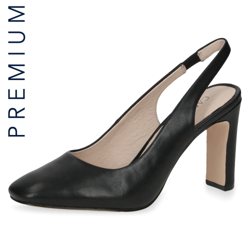 Czółenka bez pięty czarne Caprice Twiggy wykonane ze skóry naturalnej to eleganckie buty damskie na stabilnym słupku. Kwadratowy nosek, miękka skórzana wkładka i wygodny fason zapewniają komfort oraz styl na wyjątkowe okazje i do pracy.