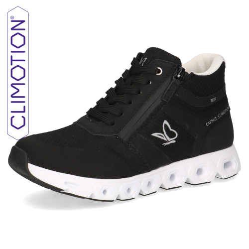 Czarne wysokie sneakersy Caprice wykonane z materiałów wegańskich. Połączenie sznurowania i zamka ułatwia zakładanie, a technologia CLIMOTION gwarantuje wyjątkową elastyczność, optymalny mikroklimat i amortyzację każdego kroku.