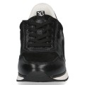 Czarno-srebrzyste sneakersy Caprice z połączenia zamszu i połyskującej skóry. Wygodny system hands-free ułatwia wsuwanie bez użycia rąk, a podeszwa z technologią AIRMOTION zapewnia znakomitą cyrkulację powietrza, amortyzację i całodzienny komfort.