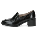 Eleganckie czarne loafersy Caprice wykonane z lakierowanej skóry. Klasyczny fason z dekoracyjnym paskiem na wyższym, stabilnym klocku. Technologia AIRMOTION zapewnia optymalną cyrkulację powietrza, amortyzację i komfort przez cały dzień.