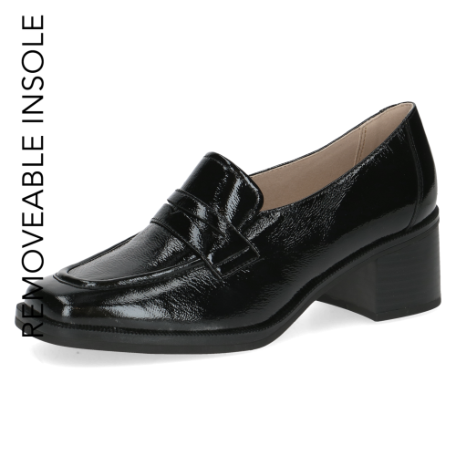 Eleganckie czarne loafersy Caprice wykonane z lakierowanej skóry. Klasyczny fason z dekoracyjnym paskiem na wyższym, stabilnym klocku. Technologia AIRMOTION zapewnia optymalną cyrkulację powietrza, amortyzację i komfort przez cały dzień.