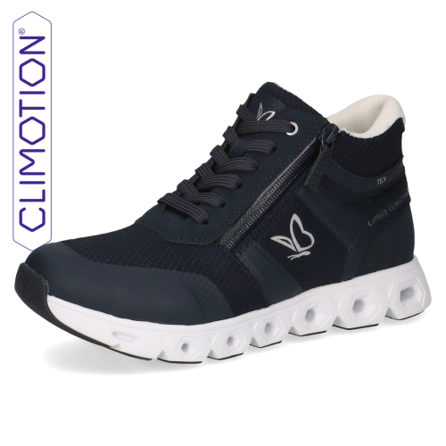Granatowe sneakersy Caprice z podwyższoną cholewką za kostkę. Membrana wodoodporna chroni przed wilgocią, boczny zamek ułatwia zakładanie, a innowacyjna technologia CLIMOTION zapewnia sprężystość, miękkość i optymalną cyrkulację powietrza.
