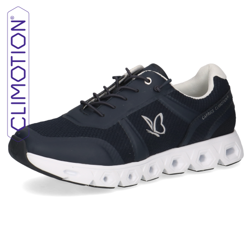 Wegańskie granatowe sneakersy Caprice wykonane z lekkiej tkaniny i siateczki. Innowacyjna podeszwa z technologią CLIMOTION zapewnia niezwykłą miękkość, sprężystość oraz optymalną cyrkulację powietrza przy każdym kroku.