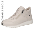 asnobeżowe zimowe sneakersy Caprice ocieplane futerkiem. Membrana wodoodporna skutecznie chroni przed wilgocią, zamek ułatwia zakładanie, a podeszwa z technologią AIRMOTION zapewnia świetną cyrkulację powietrza, amortyzację i całodzienny komfort.