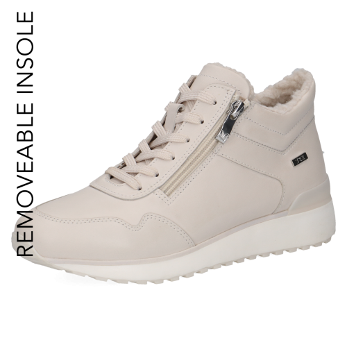 asnobeżowe zimowe sneakersy Caprice ocieplane futerkiem. Membrana wodoodporna skutecznie chroni przed wilgocią, zamek ułatwia zakładanie, a podeszwa z technologią AIRMOTION zapewnia świetną cyrkulację powietrza, amortyzację i całodzienny komfort.