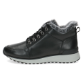 Wygodne czarne sneakersy za kostkę Caprice ze skóry naturalnej. Wykończone miękkim futerkiem, na grubszej podeszwie z technologią AIRMOTION, zapewniają znakomitą amortyzację, optymalne ciepło oraz wysoki komfort podczas codziennych spacerów