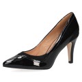 Czarne lakierowane czółenka damskie Caprice Effi na szpilce 8,5 cm to eleganckie buty ze skóry naturalnej. Wkładka MEMOTION zapewnia wygodę, amortyzację i komfort przez cały dzień – idealne do sukienki, garnituru i na wyjątkowe okazje.