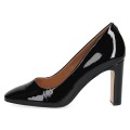 Czarne lakierowane czółenka damskie Caprice Twiggy na słupku to eleganckie buty ze skóry naturalnej. Wkładka MEMOTION, stabilny obcas 8,5 cm i kwadratowy nosek zapewniają wygodę, amortyzację oraz styl do pracy i na wyjątkowe okazje.