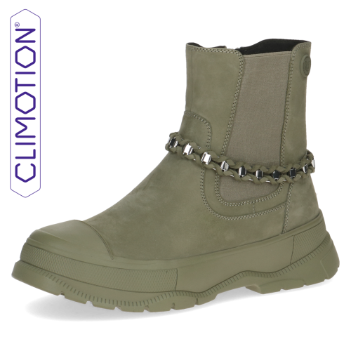 Stylowe khaki botki Caprice z miękkiego zamszu. Model na grubej, wzmocnionej podeszwie z efektownym łańcuszkiem przy kostce. Technologia CLIMOTION zapewnia idealny mikroklimat i wybitną amortyzację. Świetny wybór na jesień i zimę.