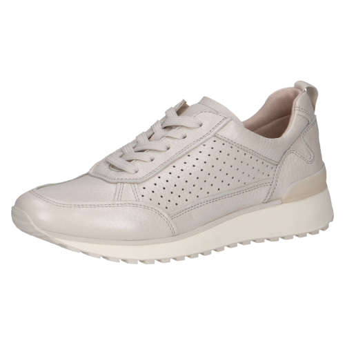 Wygodne, jasnobeżowe sneakersy damskie Caprice wykonane z miękkiej skóry naturalnej. Perforacja na cholewce i technologia AIRMOTION gwarantują doskonałą cyrkulację powietrza oraz amortyzację. Idealne do codziennych, miejskich stylizacji.