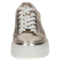 Stylowe, złote sneakersy damskie Caprice ze skóry naturalnej o metalicznym wykończeniu. Ażurkowa cholewka i system AIRMOTION dbają o optymalną wentylację oraz wyrazisty wygląd. Wygodny i modny wybór do miejskich stylizacji.