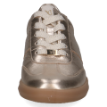 Złote sneakersy damskie Caprice wykonane z połyskującej skóry naturalnej. Technologia AIRMOTION dba o prawidłową cyrkulację powietrza i sprężystą amortyzację. Elegancki, sportowy fason ze sznurowaniem i brązową podeszwą.