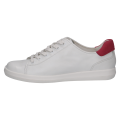 Damskie sneakersy Caprice z technologią AIRMOTION zapewniającą amortyzację i cyrkulację powietrza. Model wykonany z białej skóry, z ozdobnym czerwonym zapiętkiem oraz wygodną, płaską podeszwą.