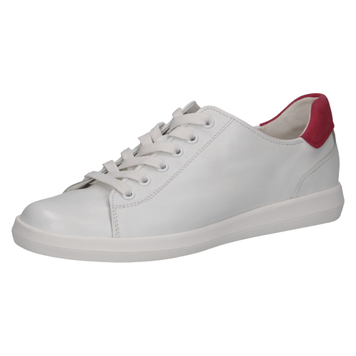 Damskie sneakersy Caprice z technologią AIRMOTION zapewniającą amortyzację i cyrkulację powietrza. Model wykonany z białej skóry, z ozdobnym czerwonym zapiętkiem oraz wygodną, płaską podeszwą.