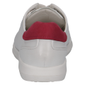 Damskie sneakersy Caprice z technologią AIRMOTION zapewniającą amortyzację i cyrkulację powietrza. Model wykonany z białej skóry, z ozdobnym czerwonym zapiętkiem oraz wygodną, płaską podeszwą.