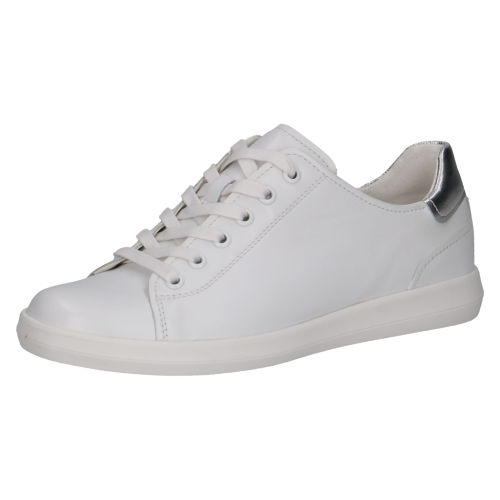 Klasyczne białe sneakersy damskie marki Caprice. Wykonane z gładkiej skóry naturalnej, ozdobione srebrną wstawką na pięcie. Posiadają wygodną, płaską podeszwę i elastyczne sznurowanie, idealne do codziennych stylizacji