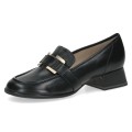 Eleganckie czarne półbuty Caprice wykonane z wysokiej jakości gładkiej skóry naturalnej. Klasyczny fason loafersów uzupełniony o klamrę ze złotym detalem oraz stabilny obcas z systemem ANTISHOKK, który skutecznie amortyzuje wstrząsy.