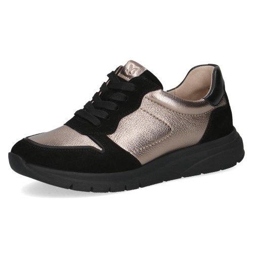Czarne sneakersy damskie Caprice Kaia wykonane z połączenia skóry naturalnej, zamszu i miedziano-złotej cholewki. Amortyzująca podeszwa redukuje wstrząsy, gwarantując komfort podczas długiego chodzenia. Nowoczesny sportowy szyk w codziennym wydaniu
