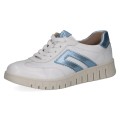 Białe sneakersy damskie wyróżniają się błyszczącymi, niebiesko-metallicznymi wstawkami oraz klasycznym sznurowaniem zapewniającym idealne dopasowanie do stopy. Elastyczna, żłobiona podeszwa i miękko wyściełane wnętrze dbają o wygodę oraz amortyzację