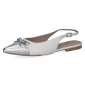 Białe baleriny damskie slingback ze skóry naturalnej z metalicznym srebrnym noskiem i ozdobną kokardką. Lekki, elegancki fason z regulowanym paskiem zapewnia wygodę i idealnie sprawdzi się na co dzień, do pracy oraz na wyjątkowe okazje.