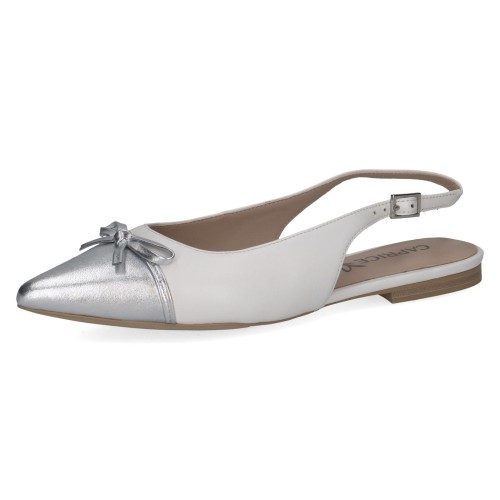 Białe baleriny damskie slingback ze skóry naturalnej z metalicznym srebrnym noskiem i ozdobną kokardką. Lekki, elegancki fason z regulowanym paskiem zapewnia wygodę i idealnie sprawdzi się na co dzień, do pracy oraz na wyjątkowe okazje.