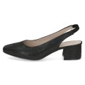 Czarne czółenka slingback ze skóry naturalnej na stabilnym obcasie. Elegancki, minimalistyczny fason z odkrytą piętą zapewnia wygodę i doskonałe dopasowanie. Idealne do pracy, na uroczystości oraz do codziennych, eleganckich stylizacji.
