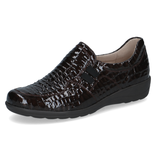 Brązowe lakierowane półbuty damskie Caprice Brown Croco ze skóry naturalnej. Model z podeszwą 3,5 cm, wyjmowaną skórzaną wkładką i technologią AIRMOTION zapewniającą komfort, amortyzację i dobrą wentylację.